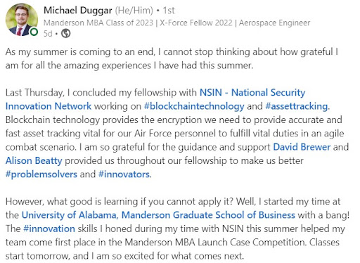 NSIN X-Force Fellow LinkedIn post